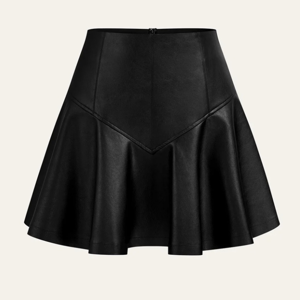 Commense Black Faux Leather Skater Skirt